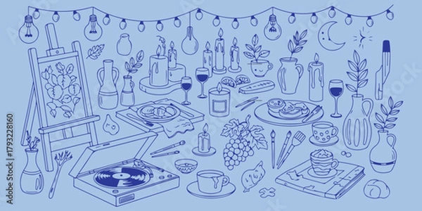 Fototapeta Blue Line Art Icons, Collection Of Kitchen And Art Symbols For Design Project Management And Lifestyle Applications

