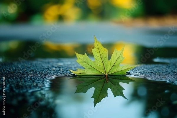 Fototapeta Green leaf floating on a wet surface with reflections