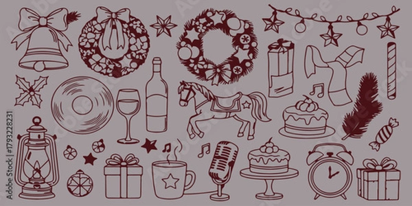 Fototapeta party Icons Set, Collection Of Wreath Bell Cake And Gift Symbols For Holiday Design Project Management And Decoration Applications

