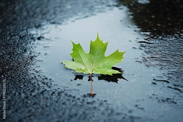 Fototapeta Green leaf on a wet surface with reflections