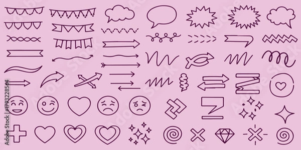 Fototapeta Pink Decorative Icons, Collection Of Arrows Doodles And Heart Symbols For Design Project Management And Celebration Applications

