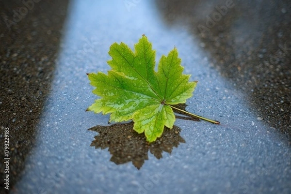Fototapeta Green leaf with water droplets reflecting on a wet surface
