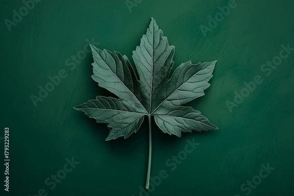 Fototapeta Single dark green leaf on a dark green background