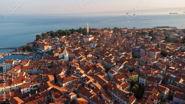 Obraz The town of Koper at dawn, seen from above. Aerial view of the Slovenian coastal tourist town on the Adriatic sea
