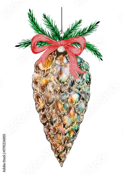Fototapeta Holiday Decorative pine cone with gold glitter, ribbon, pine needles. Glittering pine cone Christmas ornament with gold sparkle, red ribbon, and green pine branches hanging decoration