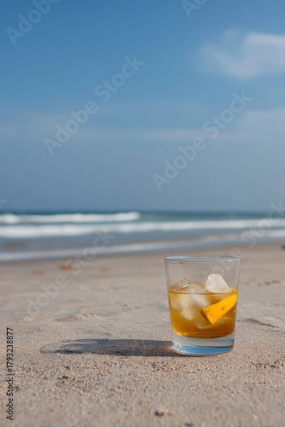 Fototapeta refreshing cocktail with bright fruits and ice in fullsized glass rests on clean soft pastel background
