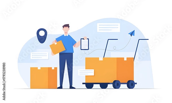 Fototapeta Delivery service man with package and clipboard for shipping