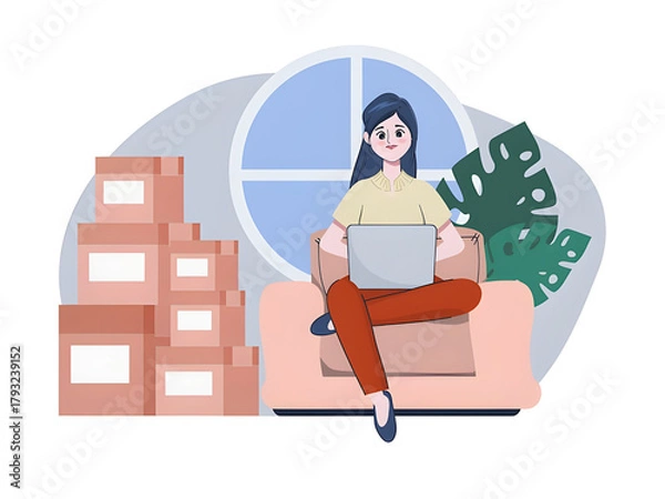Fototapeta Woman using laptop on sofa, boxes, work from home, e-commerce now