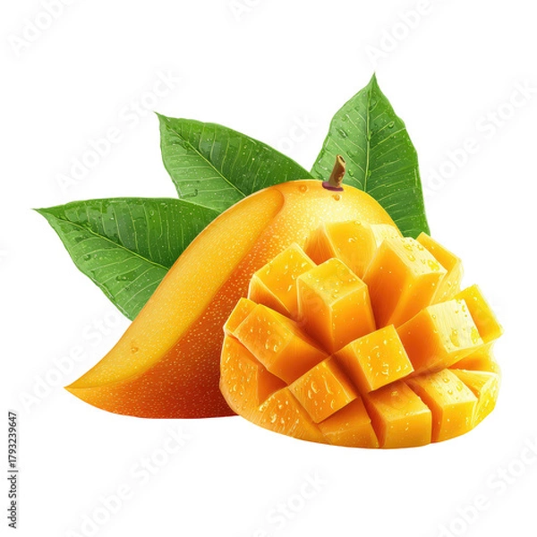 Obraz Juicy mango segments with vibrant green leaves