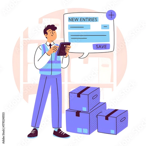 Fototapeta Logistics worker manages inventory entries using a digital tablet app