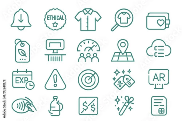 Fototapeta Modern neon-style ecommerce and sustainability icon set on teal gradient background