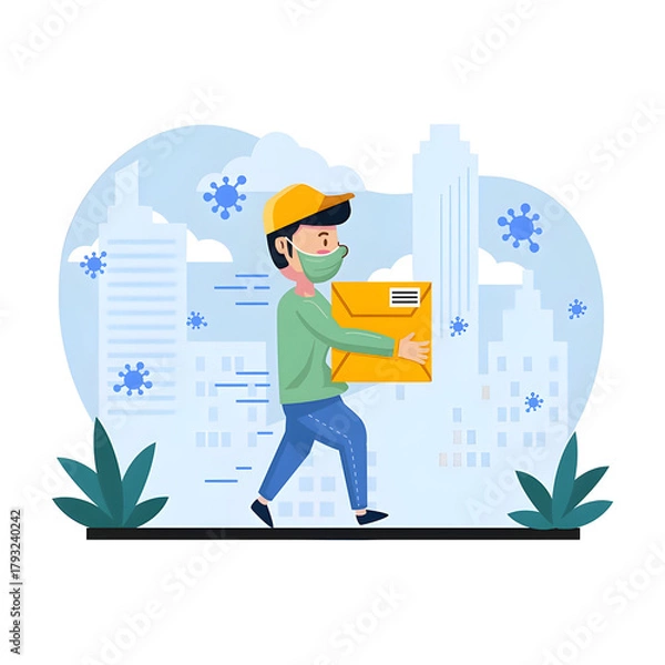 Fototapeta Masked courier delivering package safely in urban environment