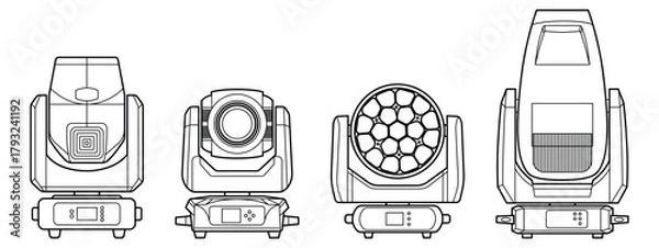 Fototapeta Detailed line-art illustration of four professional moving head stage lights. Clean technical outlines showcase different lighting fixtures used in concerts, events, and studio production.