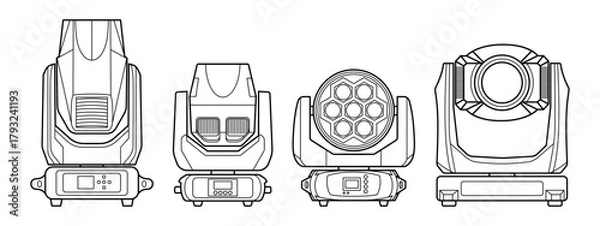 Fototapeta Detailed line-art illustration of four professional moving head stage lights. Clean technical outlines showcase different lighting fixtures used in concerts, events, and studio production.