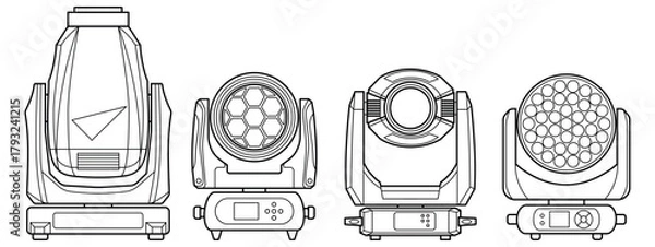 Fototapeta Detailed line-art illustration of four professional moving head stage lights. Clean technical outlines showcase different lighting fixtures used in concerts, events, and studio production.