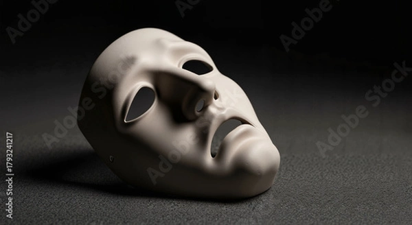 Fototapeta Neutral expressionless mask lying on textured surface, dramatic lighting and shadows
