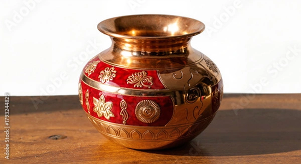 Obraz Intricate copper vase with red and gold embellishments resting on a wooden table