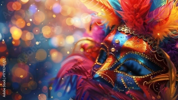 Obraz Exquisite feathered masquerade mask adorned with shimmering sequins and pearls, evoking mystery and vibrant celebration with a bokeh background