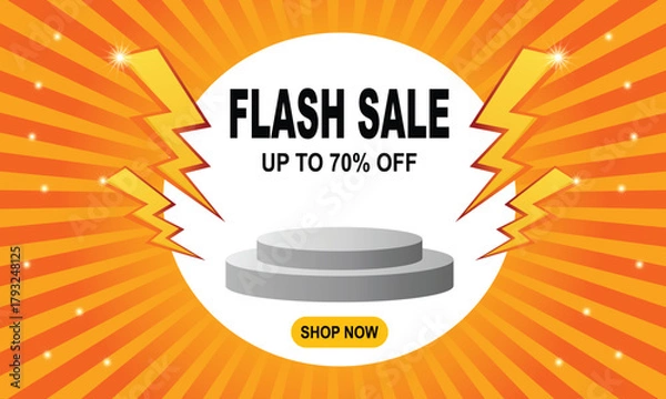 Fototapeta Flash sale promotion with up to 70% off on orange background with lightning bolts and a podium stand