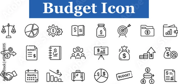 Fototapeta Collection of budget and finance icons, including scales, pie chart, gears, book, jar, target, folder, wallet, handshake, calendar, graph, briefcase, money bag, and flowchart