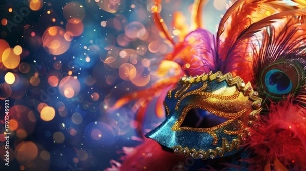 Obraz Enchanting masquerade mask adorned with vibrant feathers and peacock accents, set against a bokeh background, perfect for festive celebrations and glamorous events.