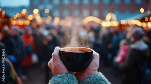 Obraz Hands in gloves holding a steaming cup of a hot drink at a festive market