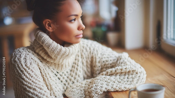 Obraz Pensive woman in a chunky knit sweater looking out a window