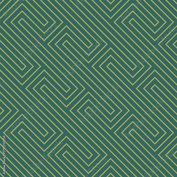 Fototapeta Seamless geometric maze line pattern with teal background and yellow lines for modern design projects