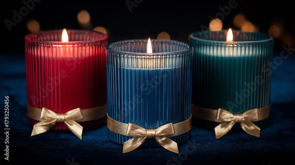Obraz Festive red blue and green candles with gold ribbons on a dark background