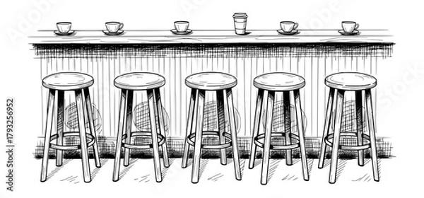 Fototapeta Sketch of Café Bar Stools and Coffee Cups in Hand-Drawn Style. Vector Illustration for Coffee Culture.
