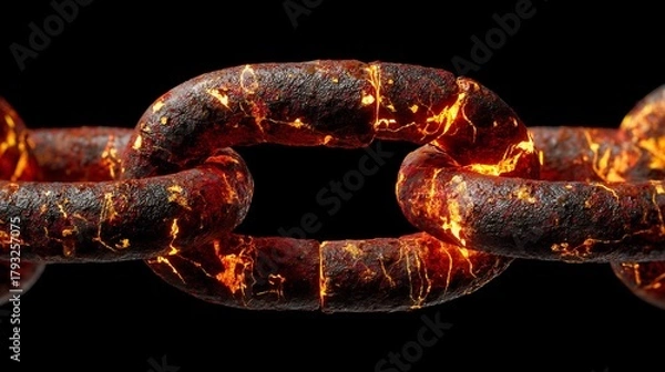 Fototapeta Glowing Macro Close-Up of Rusty, Ornate Chain Links on a Black Background Illustrating Strength and Power.