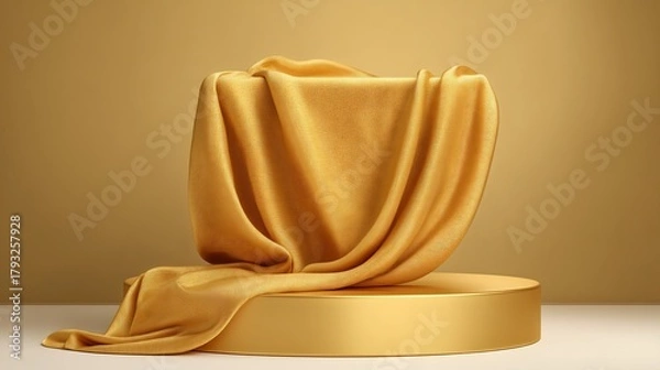 Fototapeta Golden draped fabric on a pedestal, an elegant and minimalist presentation, studio style.