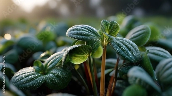 Fototapeta Green foliage glistens with dewdrops in soft morning light, a natural and refreshing close-up image.