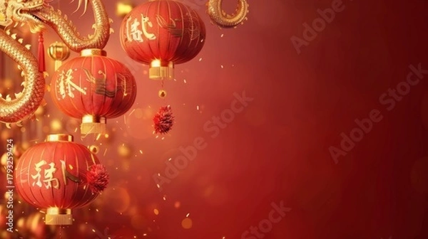 Obraz Golden dragon and vibrant red lanterns illuminate a festive celebration, perfect for Lunar New Year and cultural events