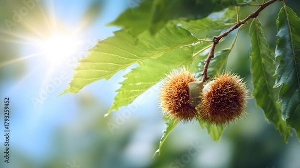 Fototapeta Delightful Animated Chestnut Fruit with Sparkling Personality Hanging from a Fresh Green Vine under a Radiant Sunbeam on a Clean White Background that Exudes Joy and Vivid Beauty