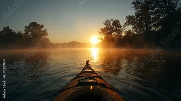 Fototapeta Exhilarating Morning Kayaking Expedition with Mist-Shrouded Waters and a Breathtaking Sunrise Illuminating a Tranquil River Journey