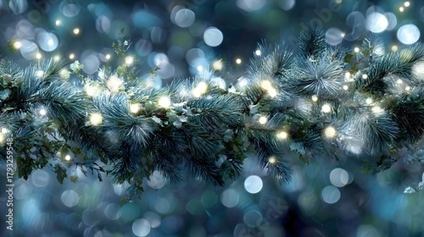 Fototapeta Magical and Vivid Realistic Christmas Garland Border with a Halo of Sparkling Soft Lights and Fresh Pine Branches