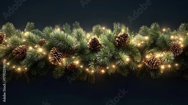 Fototapeta Exquisitely Detailed Realistic Christmas Garland Border with Soft Glow Lighting and Lush Pine Foliage for a Warm Holiday Ambiance