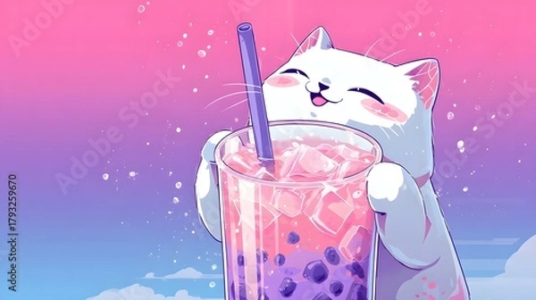 Fototapeta Exquisitely Detailed and Cheerful Vector Rendering of a Kawaii Cat Relishing a Beverage with Playful, Creative Elements and Vibrant Colors