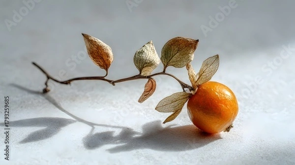 Fototapeta Abstract Artistic Composition of a Solitary Dried Kumquat on a Smooth White Surface with Intricate Natural Hues and Subtle Contrasts