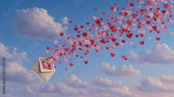 Fototapeta Intricate portrayal of an open envelope releasing a vibrant cascade of red and pink hearts into a serene sky filled with delicate artistic charm