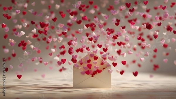 Fototapeta Heartwarming depiction of an envelope gently scattering a multitude of delicate red and soft pink hearts into an airy space filled with poetic charm
