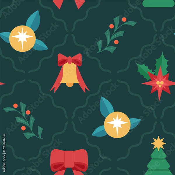 Obraz Seamless Festive Pattern with Christmas Ornaments on a dark background. Perfect for Christmas Greeting Cards, Wrapping, Textile, Wallpaper. Vector Illustration.