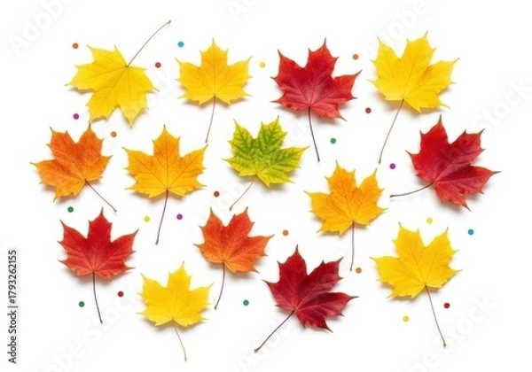 Fototapeta Scattered autumn maple leaves in various colors, isolated on white background