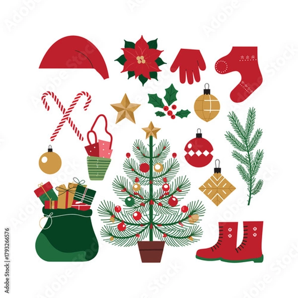 Fototapeta Christmas Elements Set with Tree, Gifts, and Holiday Decorations