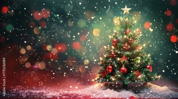 Obraz Magical Christmas tree glows with warm lights and festive ornaments, surrounded by enchanting bokeh and falling snow, creating a perfect holiday atmosphere