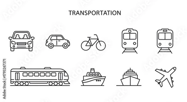 Obraz Line art illustration of various transportation methods cars trains ships and planes
