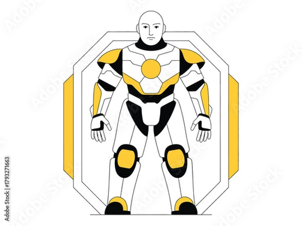 Obraz A futuristic cyborg warrior stands ready in a protective suit with yellow accents.