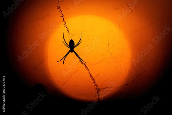 Fototapeta A spider rests at the center of its web, backlit by a glowing orange sunset that highlights every fine thread in the pattern.