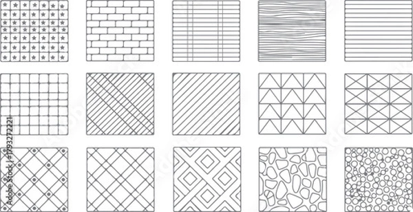 Fototapeta Architectural CAD Hatch Pattern Set, Vector Collection of Abstract Line Textures, Mosaic, Brick, Tile, and Stone Patterns for Architecture, Interior, and Landscape Design Plans